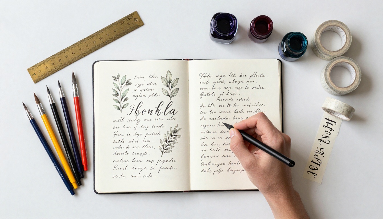 Overhead flat-lay of a hand-lettering workspace with brush pens and flipbook samples Overhead flat-lay of a hand-lettering workspace with brush pens and flipbook samples