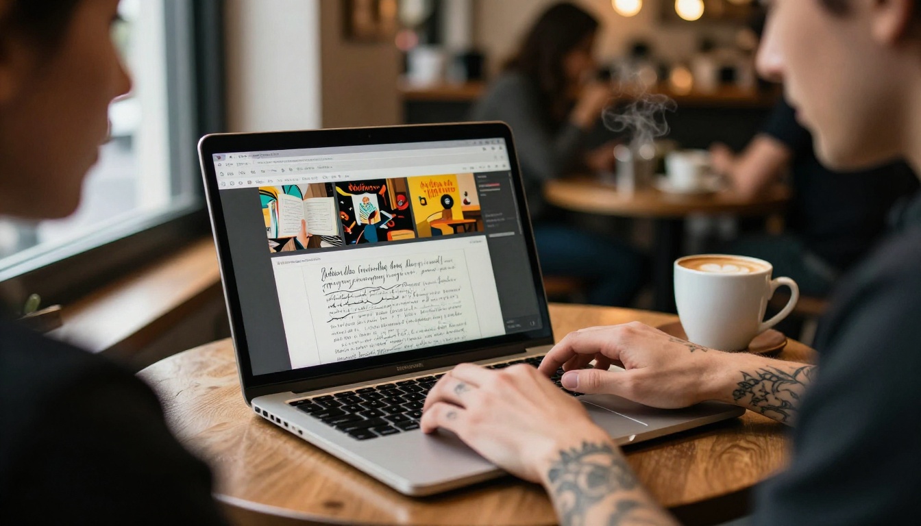 Hand-lettering artist reviewing digital portfolio on a laptop in a coffee shop Hand-lettering artist reviewing digital portfolio on a laptop in a coffee shop