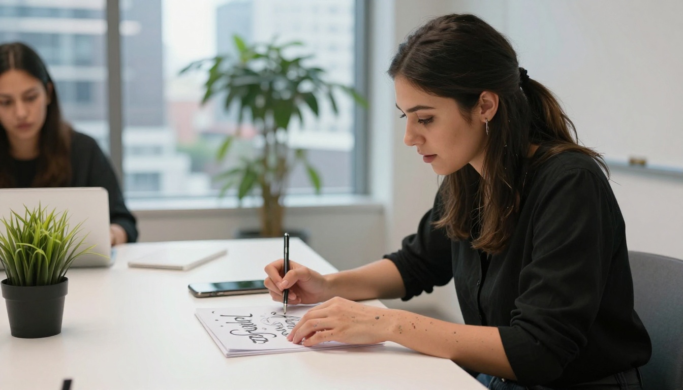 Female hand-lettering artist showing a portfolio flipbook to a client across a bright meeting table Female hand-lettering artist showing a portfolio flipbook to a client across a bright meeting table