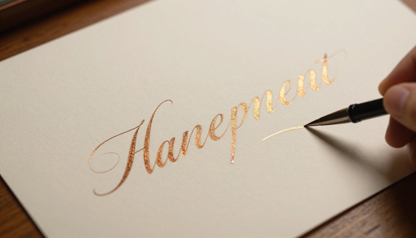 Close-up of freshly inked copperplate calligraphy letters drying on thick cream paper Close-up of freshly inked copperplate calligraphy letters drying on thick cream paper