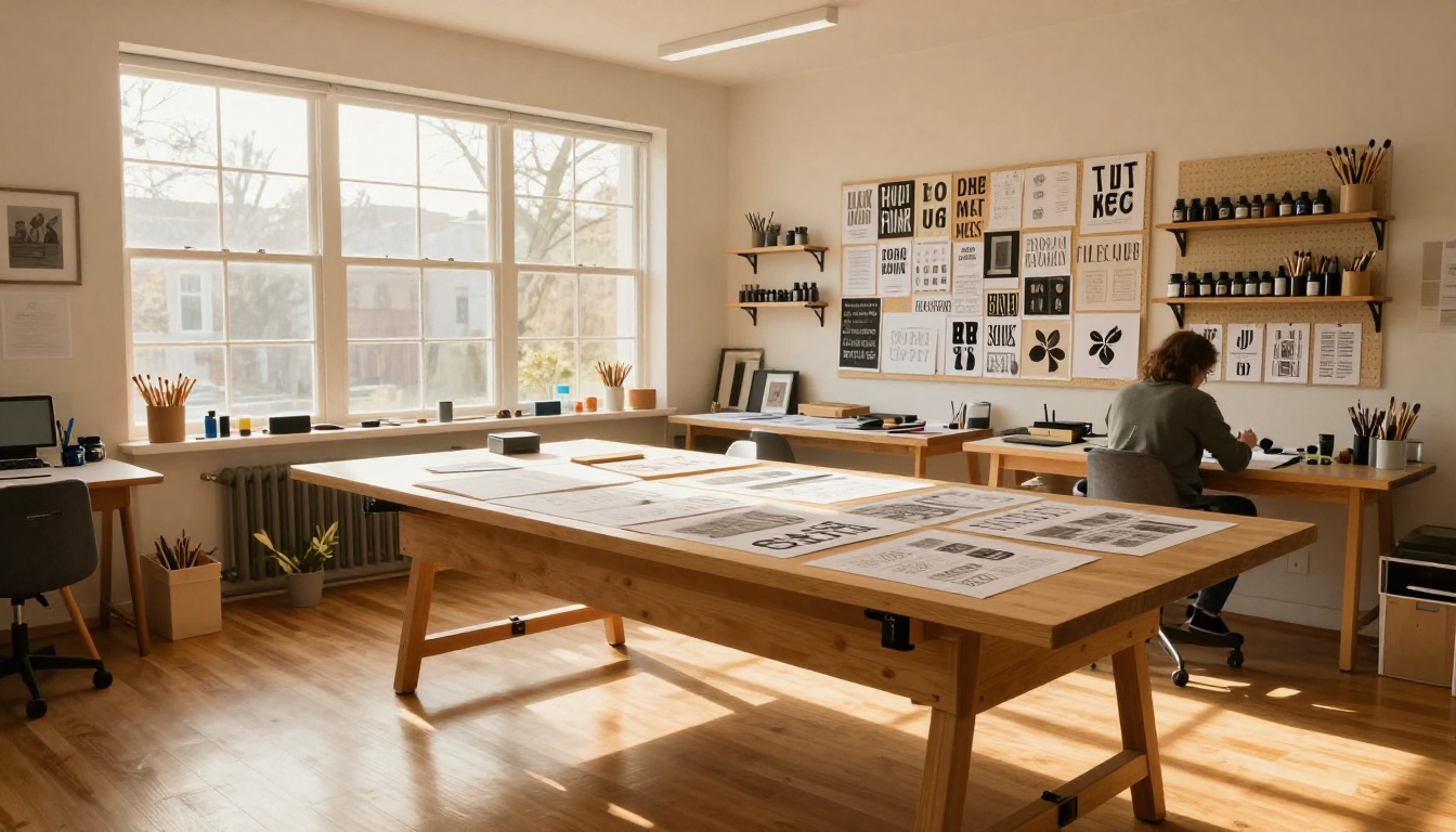 Wide shot of a bright home art studio with lettering projects on a drafting table and pinboard wall Wide shot of a bright home art studio with lettering projects on a drafting table and pinboard wall