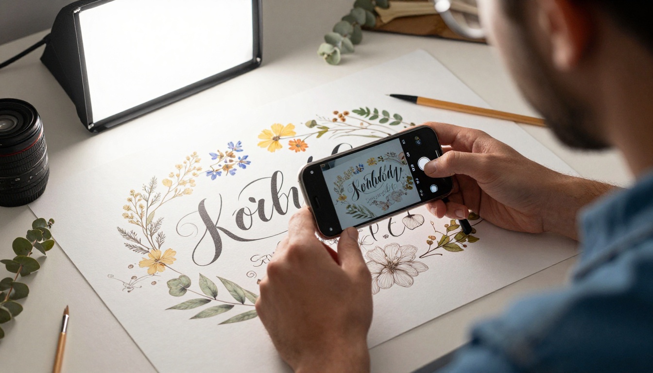 Artist photographing finished botanical lettering artwork on a flat-lay surface using a smartphone Artist photographing finished botanical lettering artwork on a flat-lay surface using a smartphone