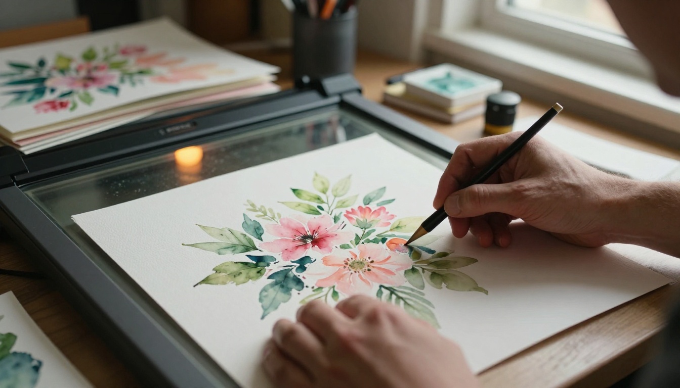 Artist's hands placing a watercolor painting onto a flatbed scanner in a sunlit studio