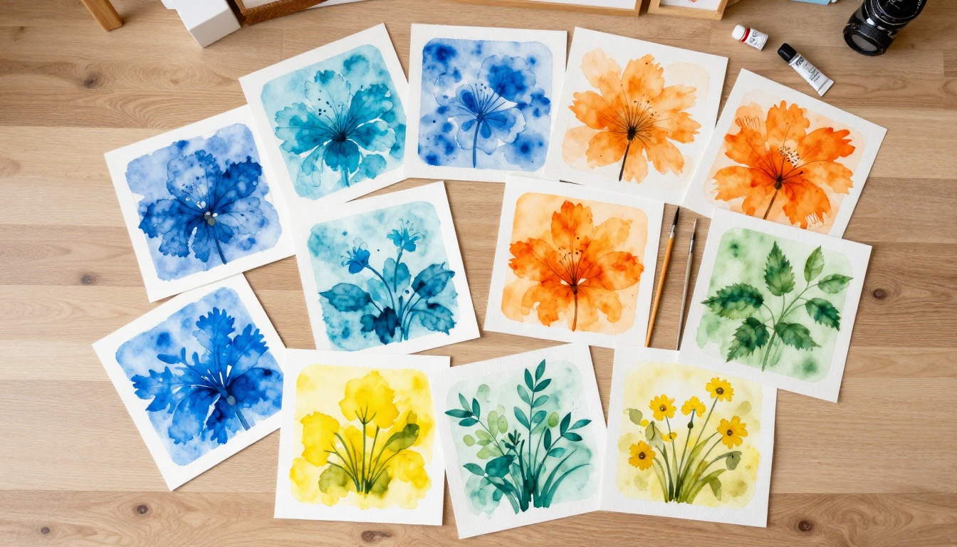 Aerial view of watercolor paintings organized by color on a studio floor