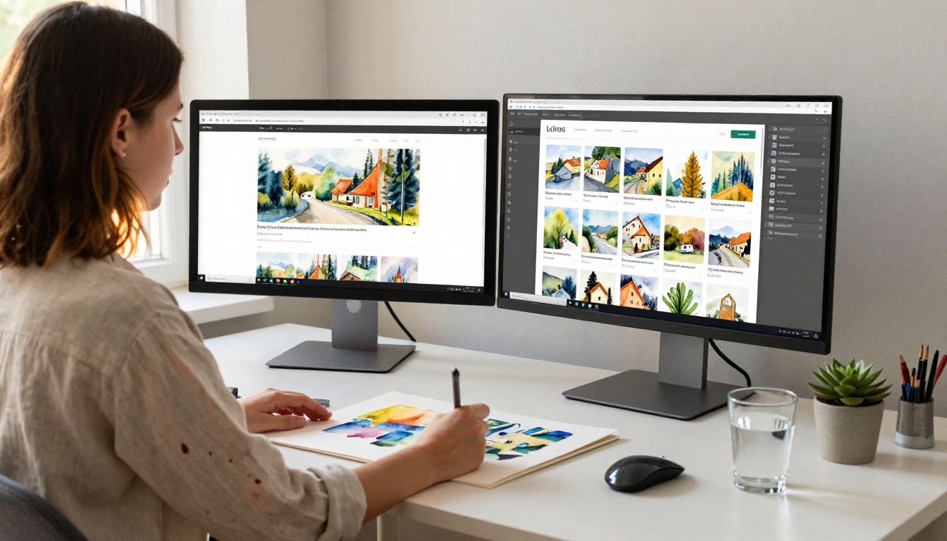Artist seated at dual monitors showing the Flipbooks AI interface with a watercolor portfolio
