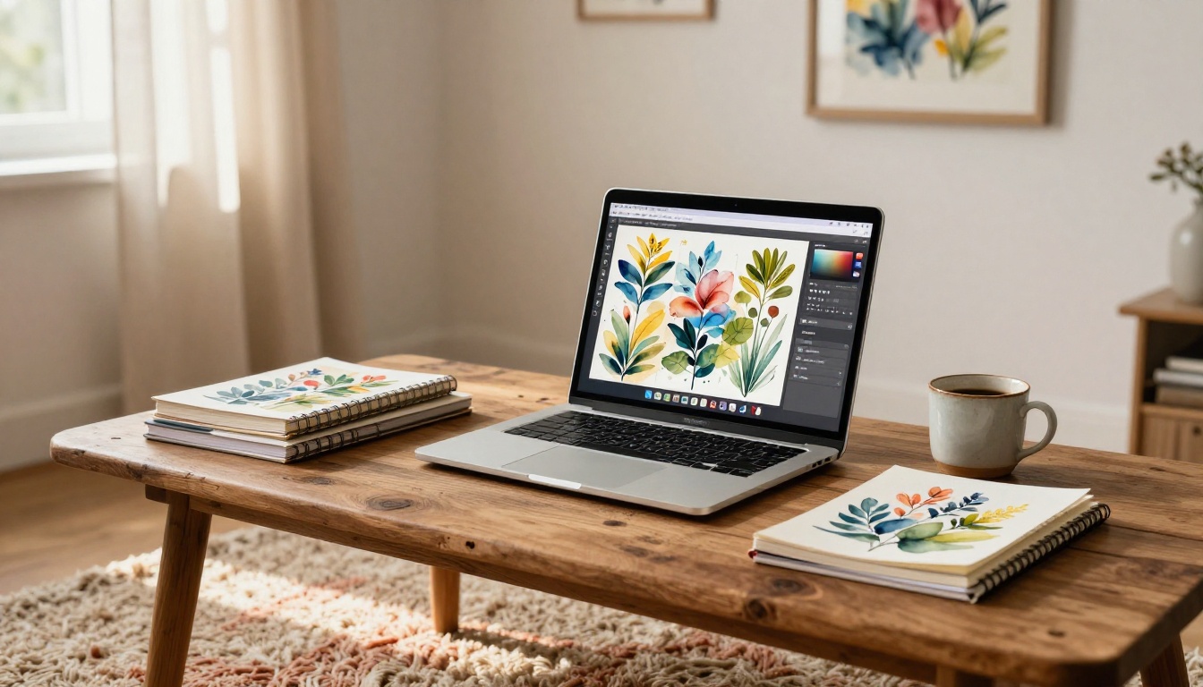 Laptop on a coffee table showing a watercolor digital flipbook with a page in mid-turn