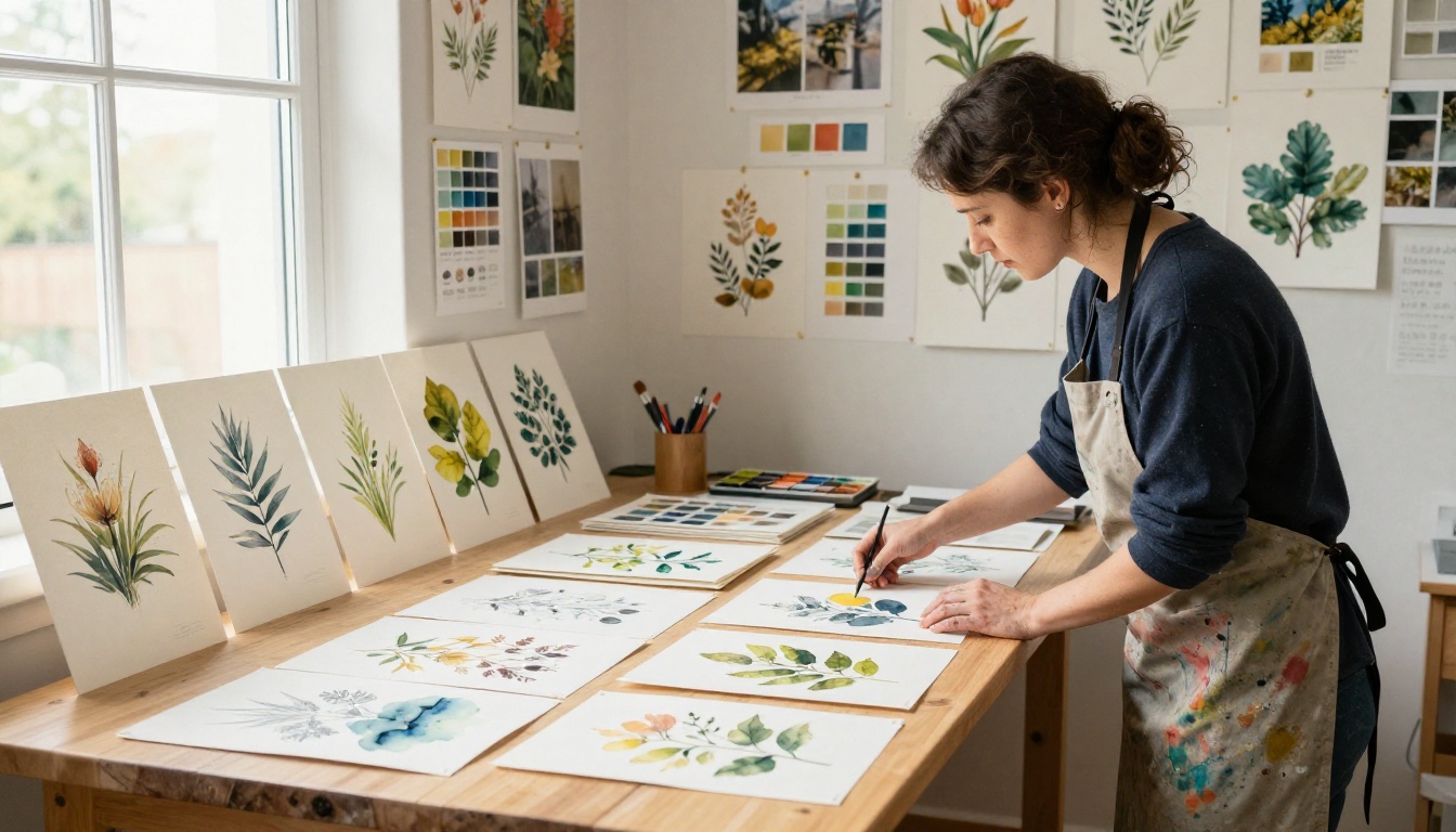Artist organizing watercolor paintings on a studio table preparing for digitization