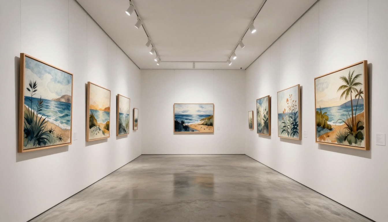 Elegant white-walled gallery displaying a curated series of watercolor paintings in wood frames