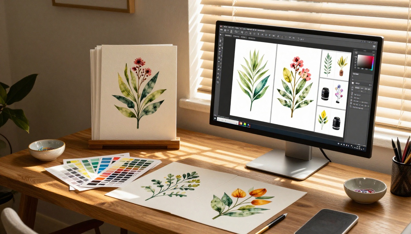 Artist's workspace showing the process of building a digital watercolor portfolio on a color-calibrated monitor