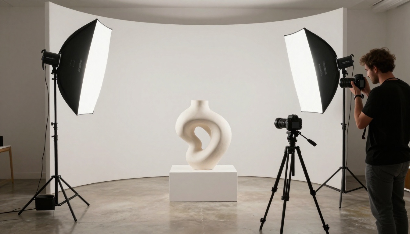 Professional photography setup with softbox lights and sculpture on white plinth Professional photography setup with softbox lights and sculpture on white plinth
