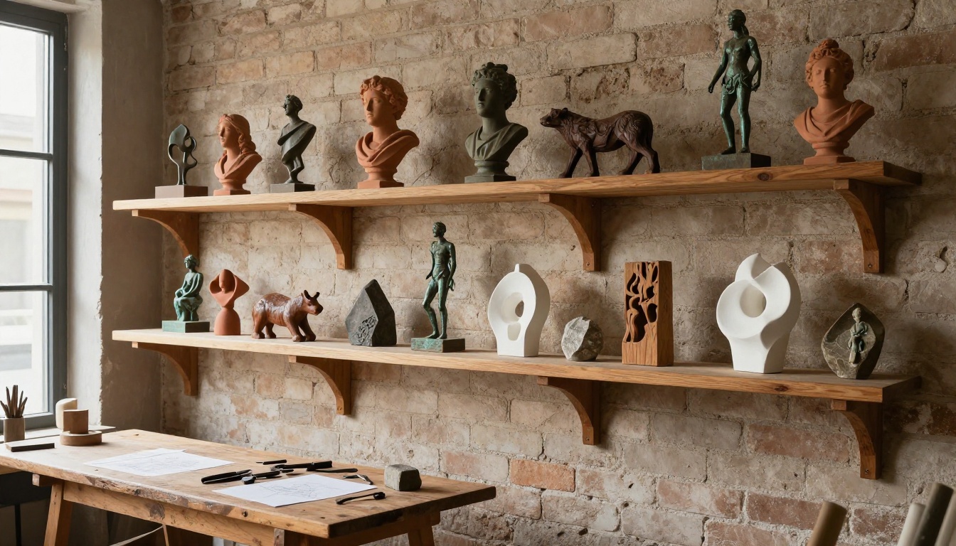 Studio shelving displaying curated collection of sculptures in various materials Studio shelving displaying curated collection of sculptures in various materials