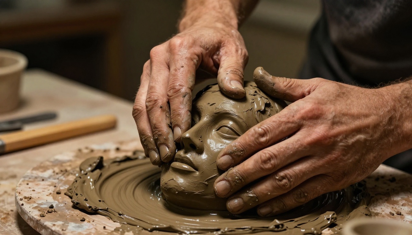 Close-up of sculptor's hands pressing into wet clay to form a face Close-up of sculptor's hands pressing into wet clay to form a face