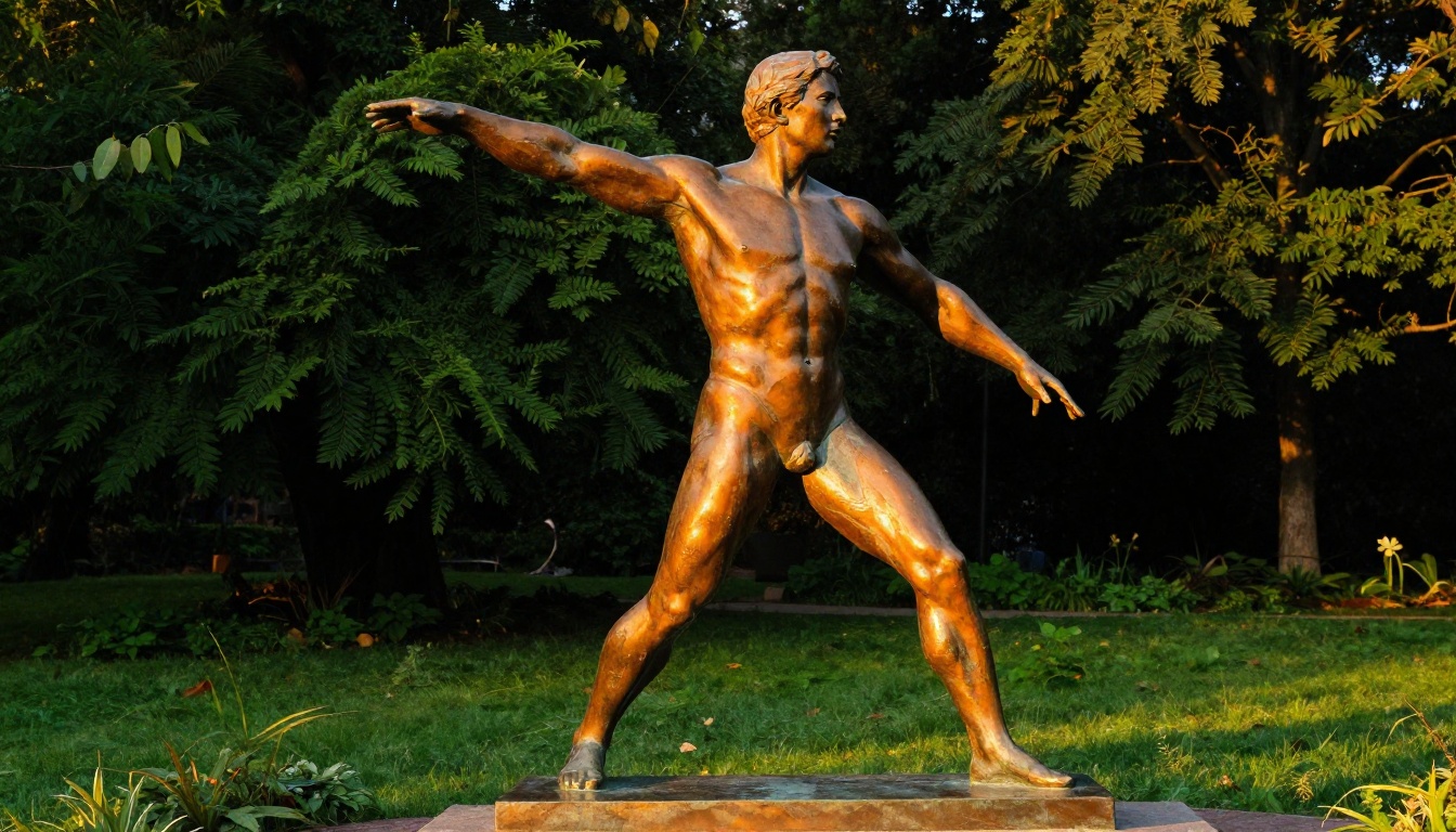 Bronze figurative sculpture outdoors in golden hour garden light Bronze figurative sculpture outdoors in golden hour garden light