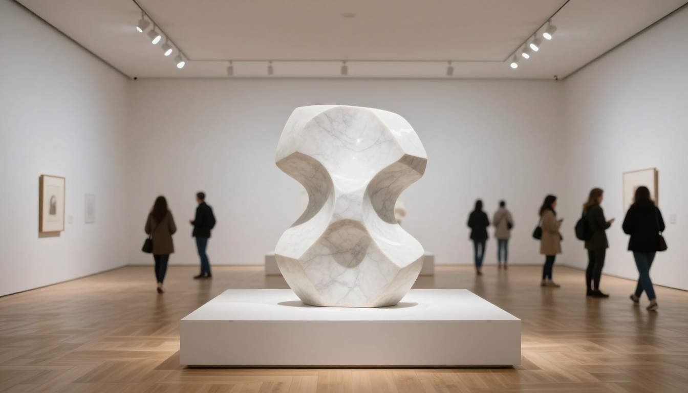 White marble abstract sculpture on plinth in contemporary art gallery White marble abstract sculpture on plinth in contemporary art gallery
