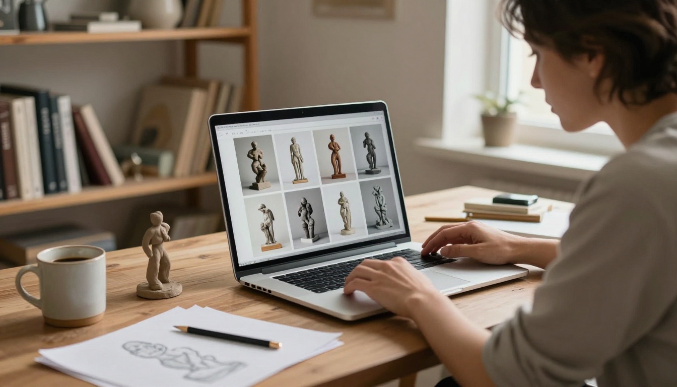 Artist reviewing digital sculpture portfolio on laptop at studio desk Artist reviewing digital sculpture portfolio on laptop at studio desk