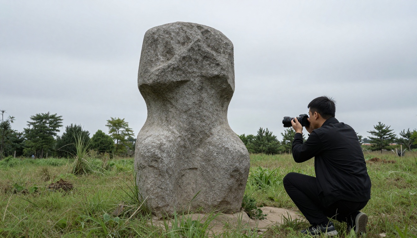 Sculptor crouching and photographing stone carving in outdoor rural meadow Sculptor crouching and photographing stone carving in outdoor rural meadow