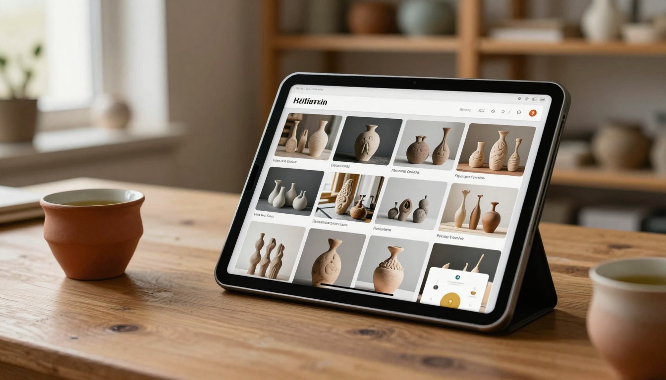 Tablet displaying digital portfolio flipbook beside terracotta sculpture in studio Tablet displaying digital portfolio flipbook beside terracotta sculpture in studio