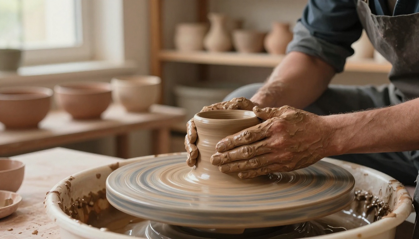 Potter's hands actively shaping clay vessel on spinning wheel