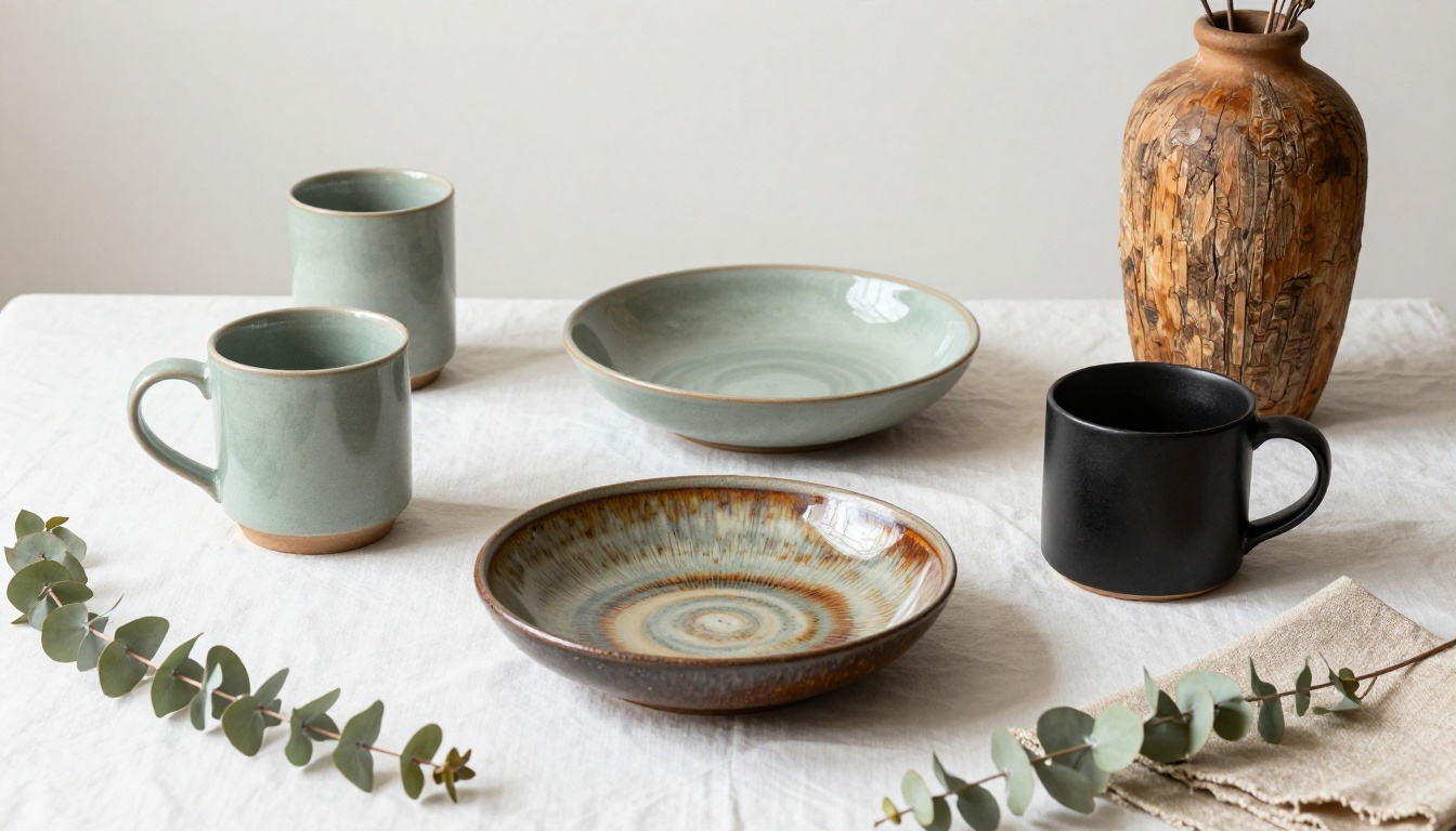 Aerial flat-lay of handmade ceramic collection on linen surface