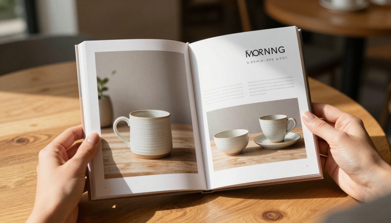Open flipbook catalog showing ceramic product spread held in hands