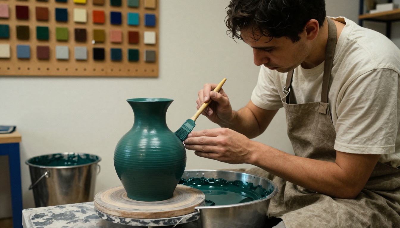 Ceramicist applying teal glaze to clay vase in workshop studio