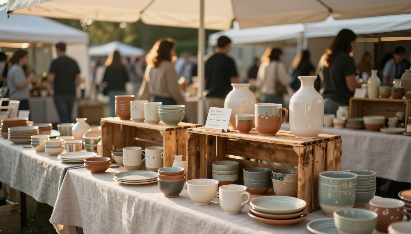 Artisan ceramics display at outdoor market during golden hour