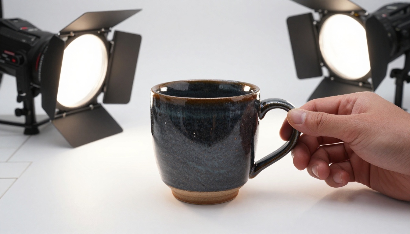 Professional softbox studio setup photographing ceramic stoneware mug