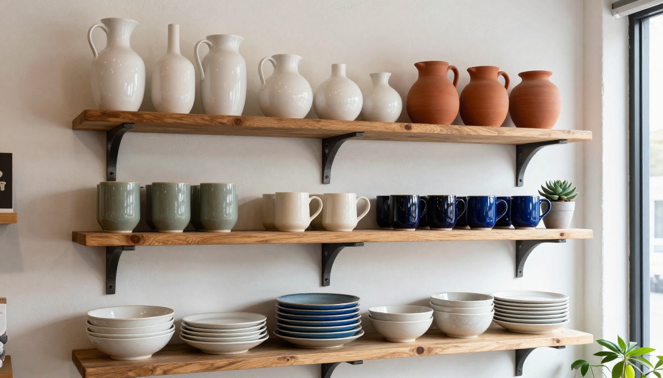 Curated ceramic collection displayed on wooden shelves in artisan shop