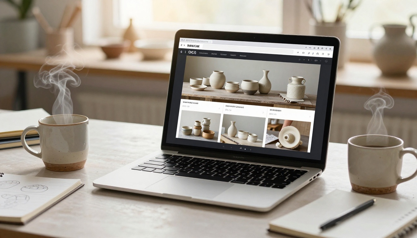 Laptop displaying digital flipbook catalog interface in ceramic studio