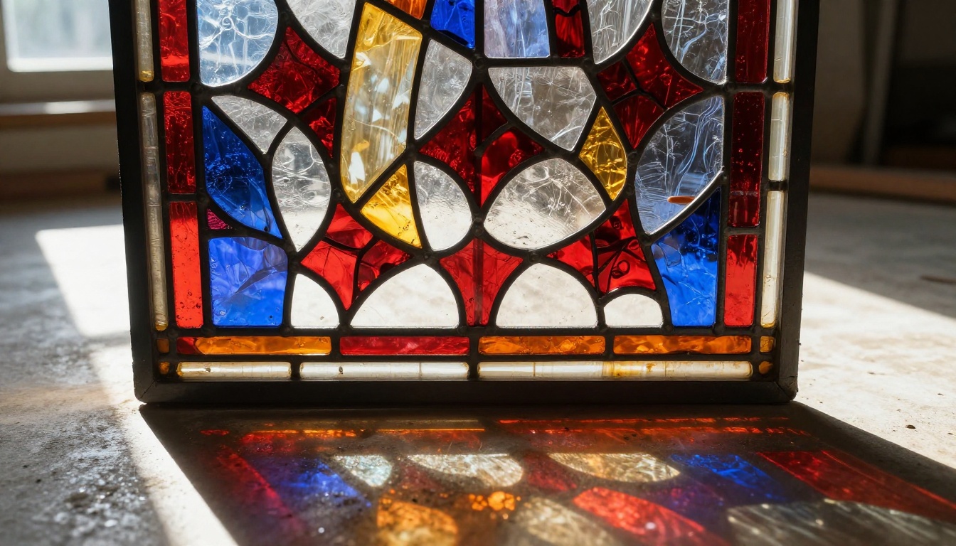 Close-up of a stained glass panel with intricate lead lines and ruby red, sapphire blue, and amber glass casting vivid colored light