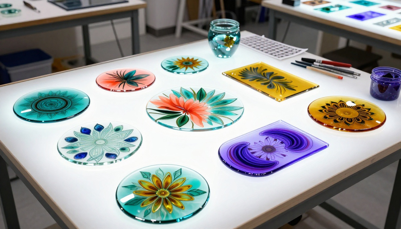 Fused glass art pieces arranged on a professional light table with vivid teal, coral, and amber colors glowing from beneath