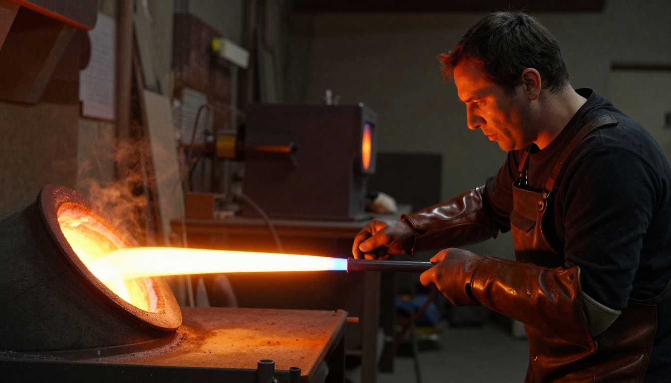 Glass blower gathering molten glass on a blowpipe from a glowing furnace in a hot glass studio