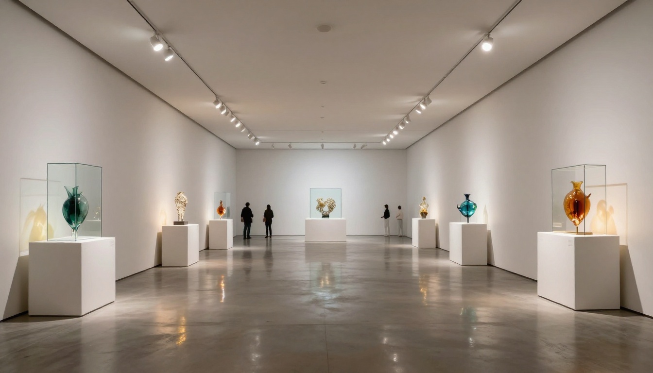 Glass art collection displayed in an elegant gallery with dramatic spotlighting and prismatic floor reflections