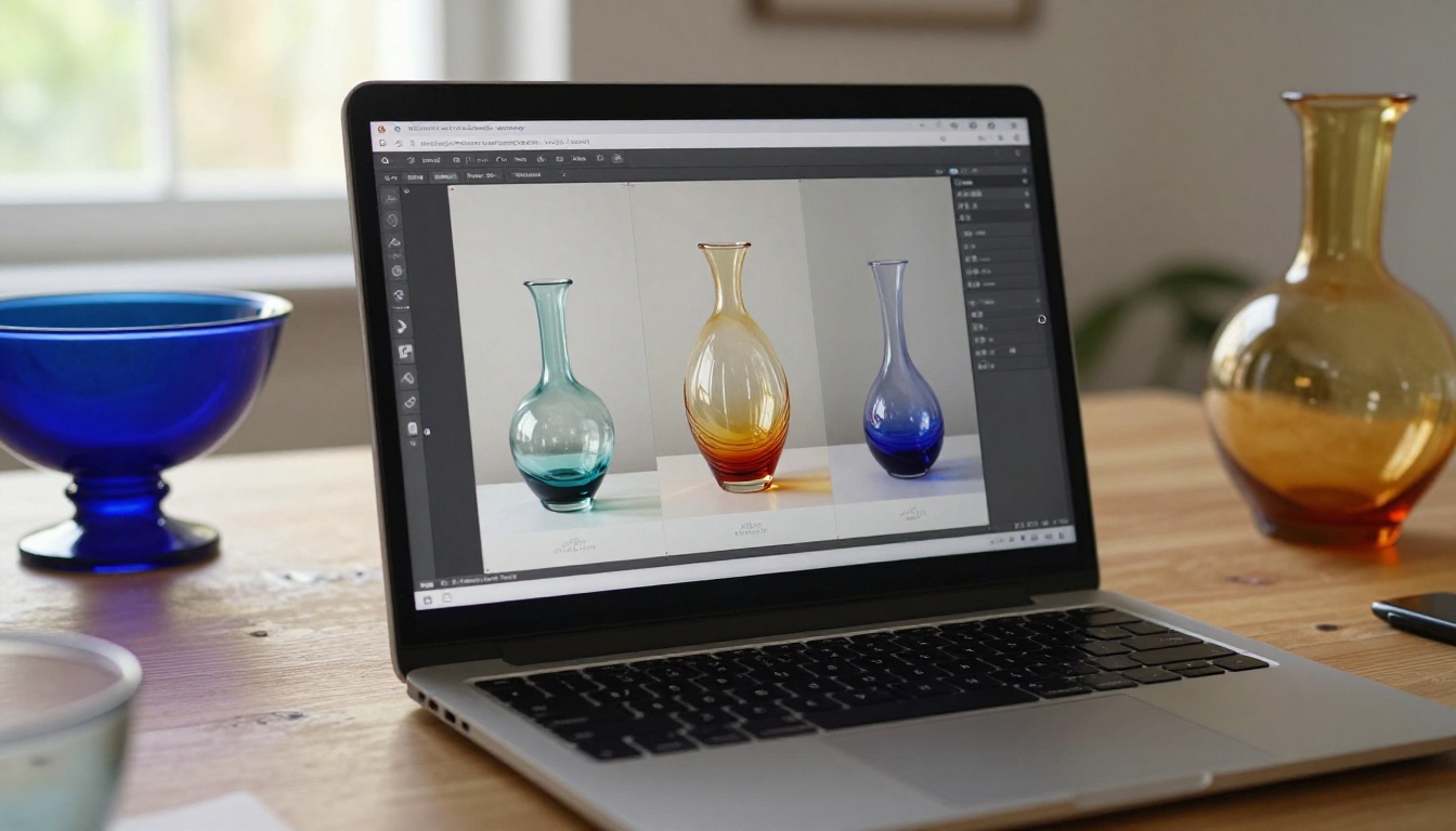Modern laptop on a studio desk showing a digital flipbook portfolio of glass art surrounded by cobalt blue and amber glass pieces