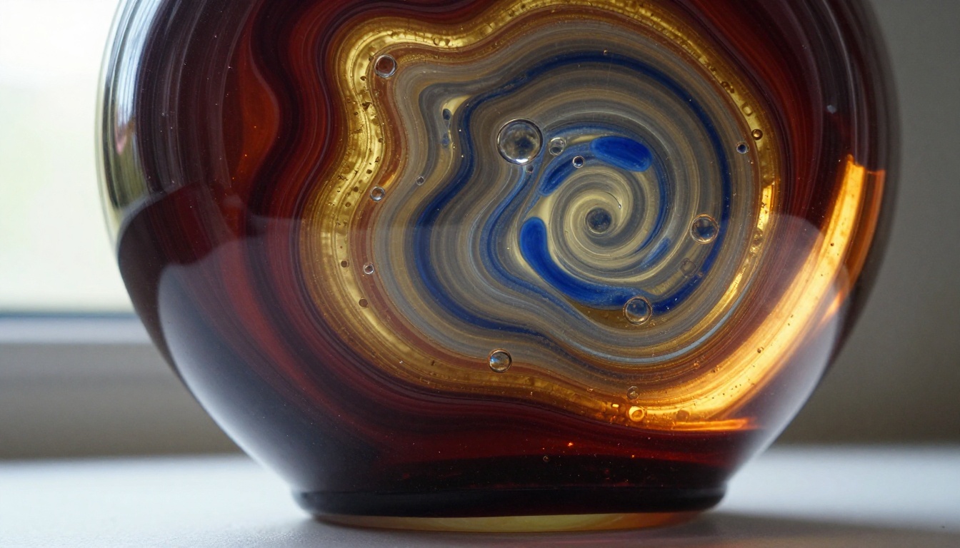 Extreme close-up macro of a kiln-formed glass piece showing swirling internal textures, trapped bubbles, and layered burgundy and gold colors