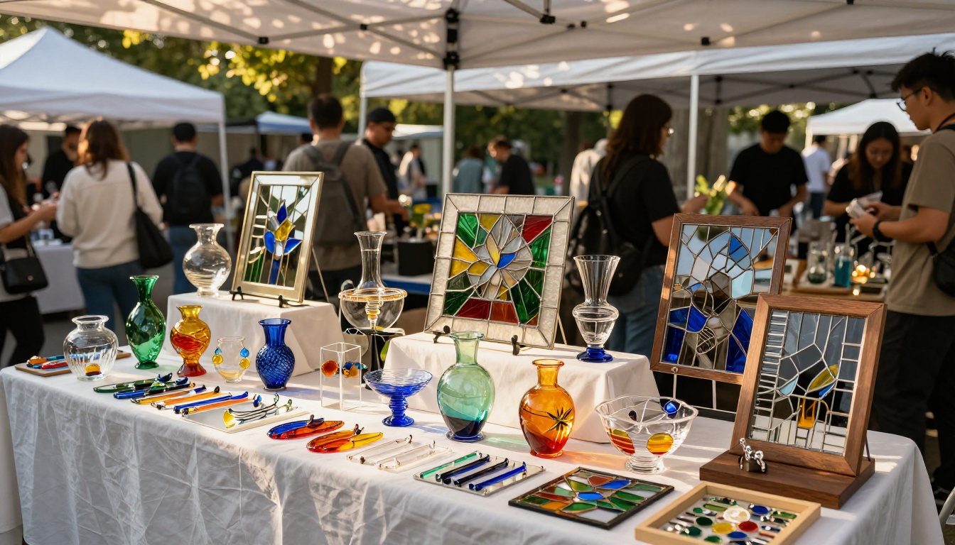 Outdoor craft fair booth with hand-blown glass vessels, fused glass jewelry, and stained glass panels under a white canopy with dappled natural light