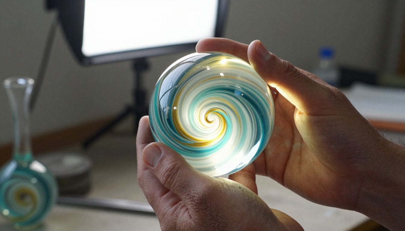 Glass artist's hands gently cradling a hand-blown glass sphere with swirling internal murrine patterns in turquoise and gold, backlit by natural window light