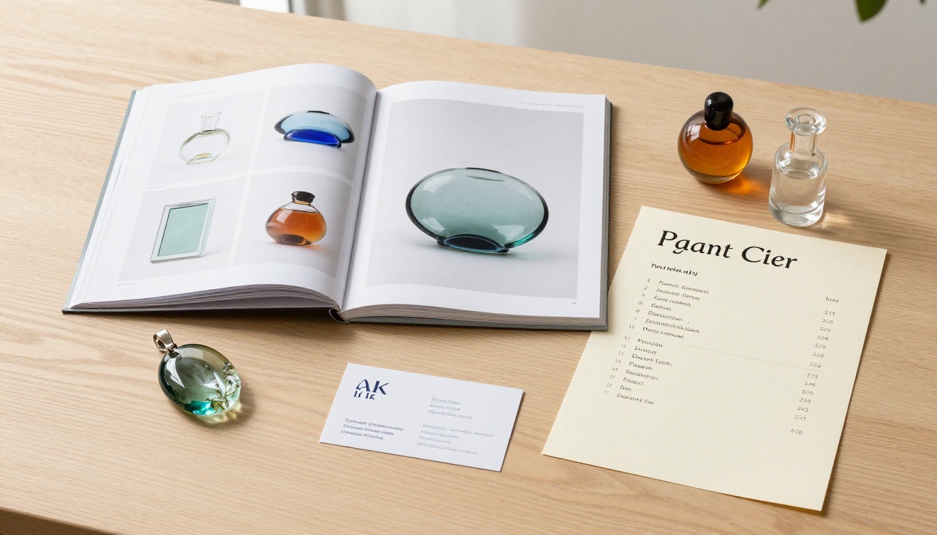Professional glass art portfolio flat-lay on light wood with an open printed catalog, business card, dichroic glass pendant, and blown glass perfume bottle