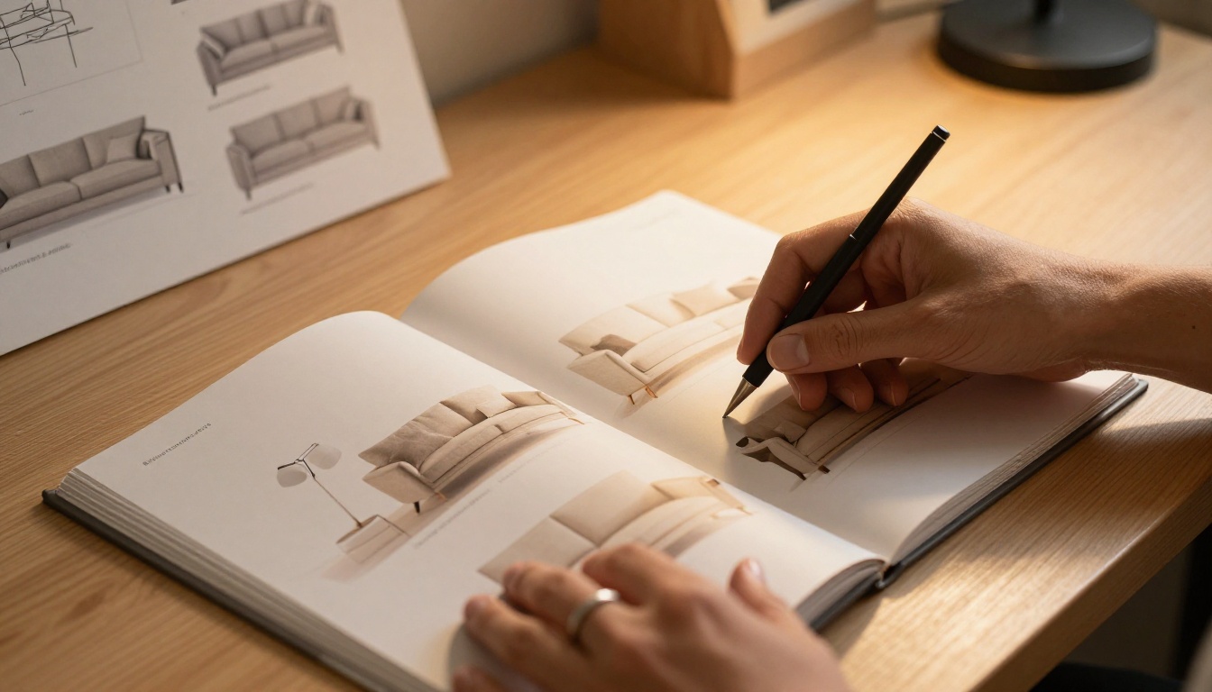 Designer's hands turning pages of a furniture catalog on a warm oak desk