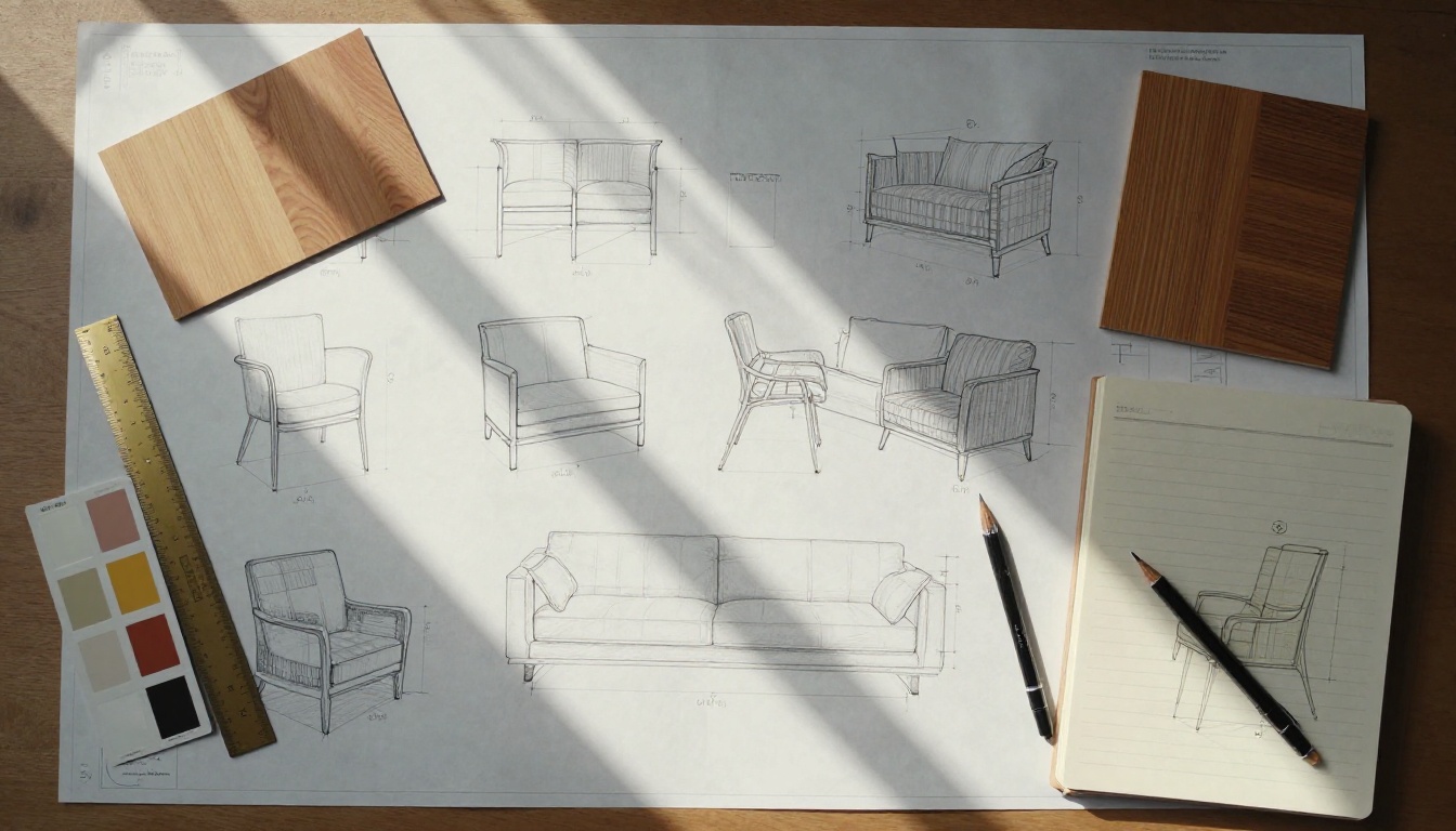 Aerial flat-lay of a furniture designer's workspace with blueprints, swatches, and pencil sketches
