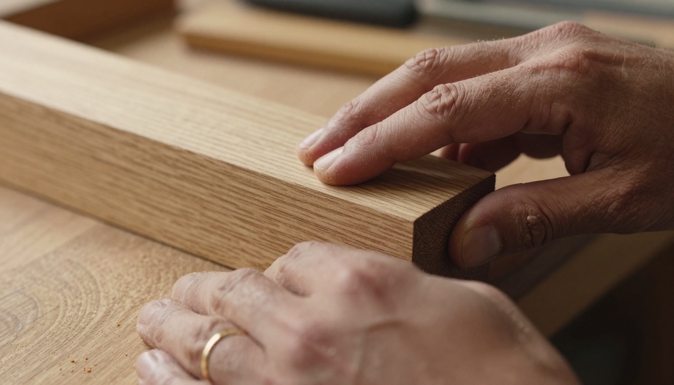 Close-up of weathered woodworker hands examining a freshly sanded oak table edge with visible callouses and sawdust in the fingerprint grooves Close-up of weathered woodworker hands examining a freshly sanded oak table edge with visible callouses and sawdust in the fingerprint grooves