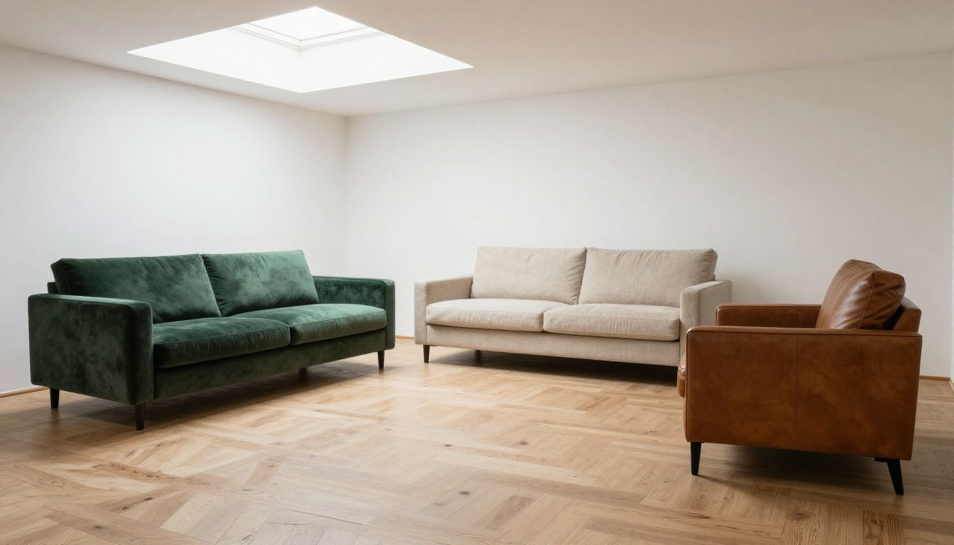 A curated sofa collection in a bright minimalist showroom with three distinct fabric options