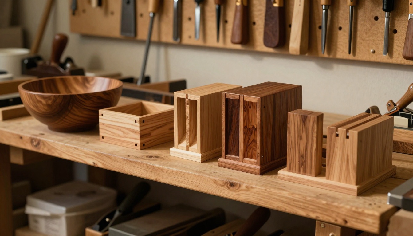 A rustic workshop shelf displaying completed woodworking craft samples: a hand-carved walnut bowl, dovetail box, joinery samples, and wood finish swatches in warm workshop lighting A rustic workshop shelf displaying completed woodworking craft samples: a hand-carved walnut bowl, dovetail box, joinery samples, and wood finish swatches in warm workshop lighting