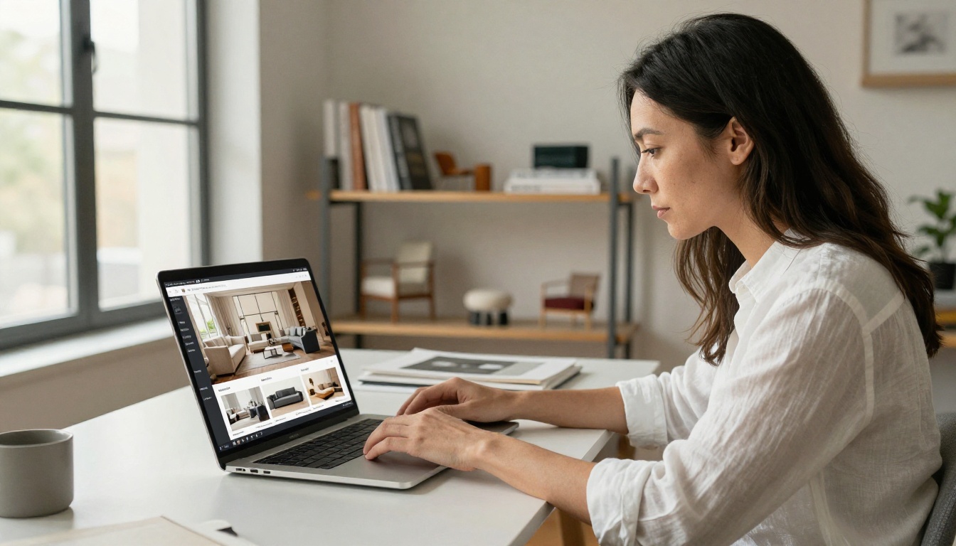 A furniture designer reviewing a digital catalog on a laptop in a minimalist studio