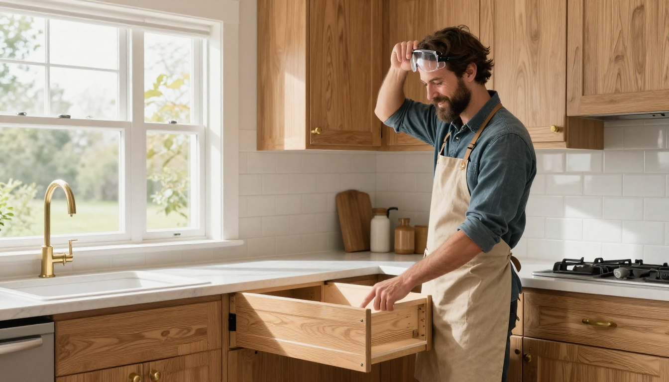 A bearded craftsman in a canvas work apron stands proudly beside completed custom shaker kitchen cabinets in oak, pointing at the drawer joinery with natural morning light from the kitchen window A bearded craftsman in a canvas work apron stands proudly beside completed custom shaker kitchen cabinets in oak, pointing at the drawer joinery with natural morning light from the kitchen window