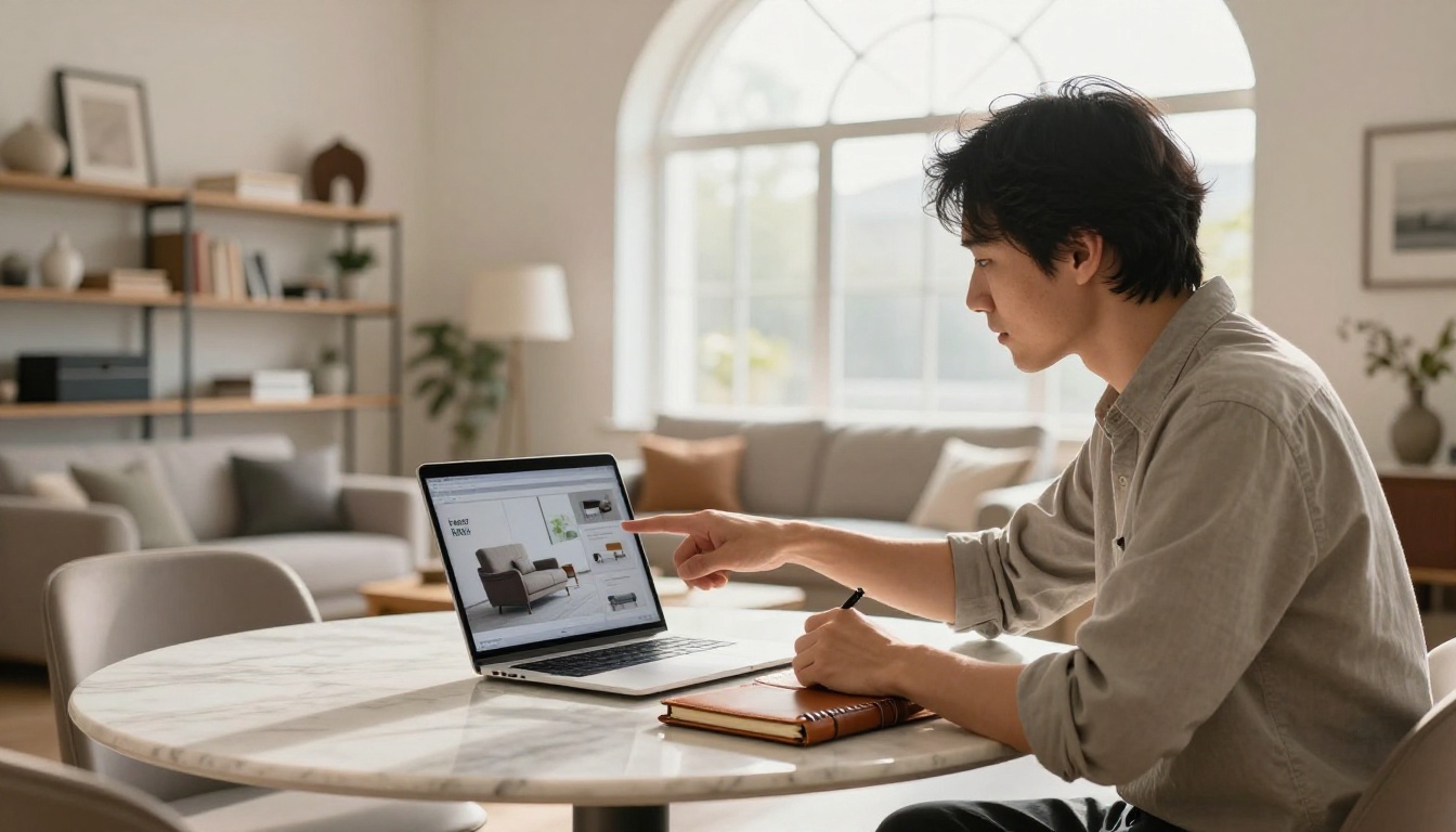 A client and designer reviewing a furniture catalog together on a laptop at a marble table
