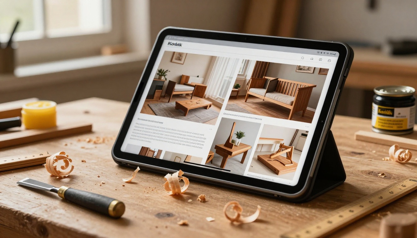 A tablet propped on a wooden workbench showing an interactive flipbook portfolio mid page-turn, surrounded by wood shavings, a hand chisel, and beeswax finish, lit by dramatic workshop window light A tablet propped on a wooden workbench showing an interactive flipbook portfolio mid page-turn, surrounded by wood shavings, a hand chisel, and beeswax finish, lit by dramatic workshop window light