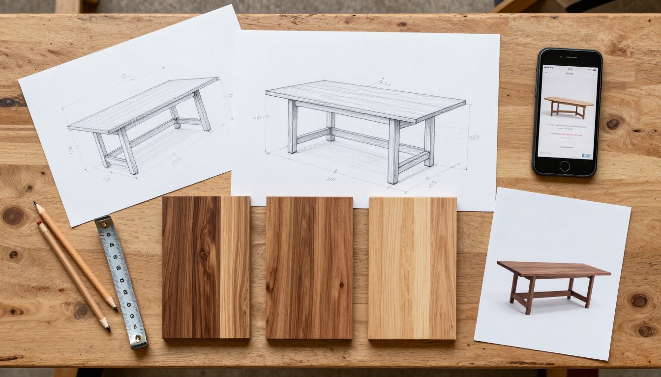 Flat-lay aerial shot of a craftsman's workbench covered with project documentation: hand-drawn sketches with measurements, wood stain samples, measuring tape, carpenter pencils, and a smartphone showing a flipbook portfolio page Flat-lay aerial shot of a craftsman's workbench covered with project documentation: hand-drawn sketches with measurements, wood stain samples, measuring tape, carpenter pencils, and a smartphone showing a flipbook portfolio page