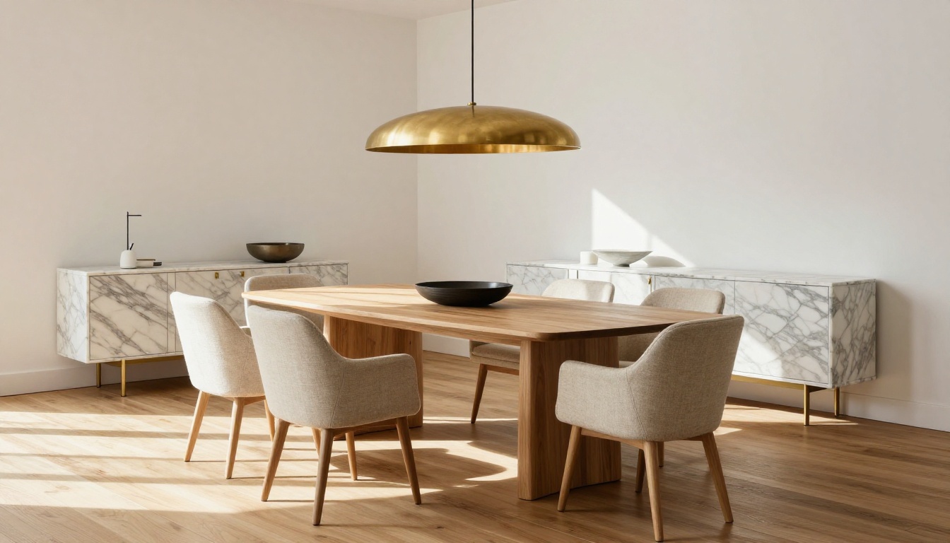 A beautifully staged modern dining furniture set with solid oak table and eight linen-upholstered chairs