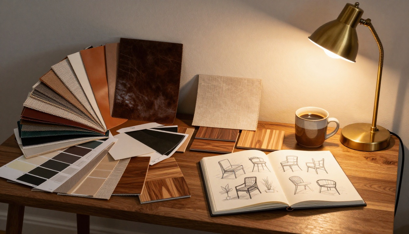 A furniture designer's studio desk with fanned material swatches, wood veneer samples, and a warm brass lamp